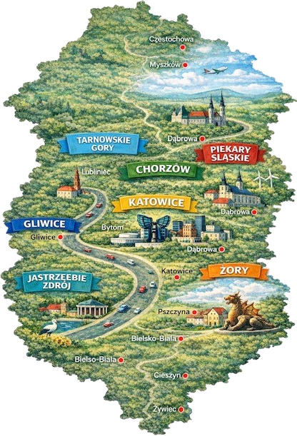 mapa wojew&oacute;dztwa śląskiego z punktami